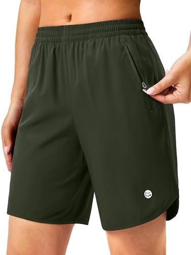 Women's 7" running shorts, two zip pockets, army green