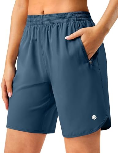 Women's 7" running shorts, two zip pockets, blue grey