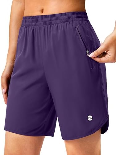 Women's 7" running shorts, two zip pockets, deep purple