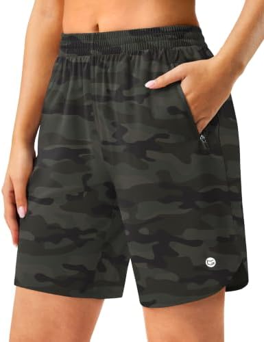 Women's 7" running shorts, two zip pockets, green camo