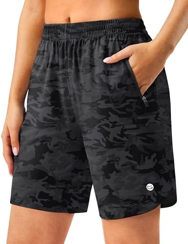 Women's 7" running shorts, two zip pockets, grey camo