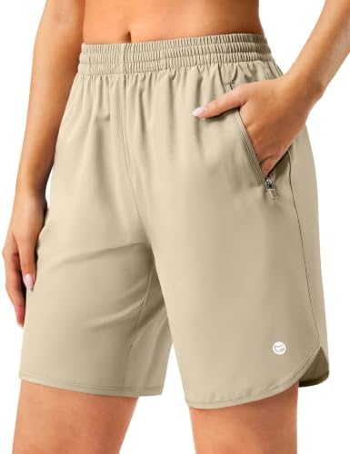 Women's 7" running shorts, two zip pockets, khaki