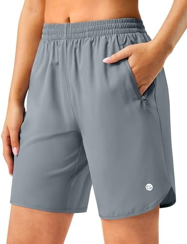 Women's 7" running shorts, two zip pockets, light grey