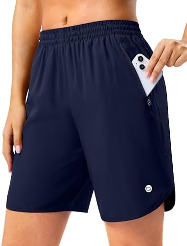 Women's 7" running shorts, two zip pockets, navy