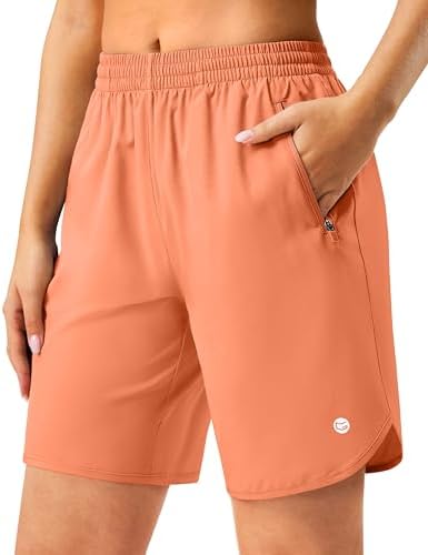Women's 7" running shorts, two zip pockets, red coral