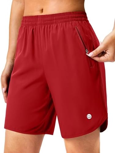 Women's 7" running shorts, two zip pockets, red