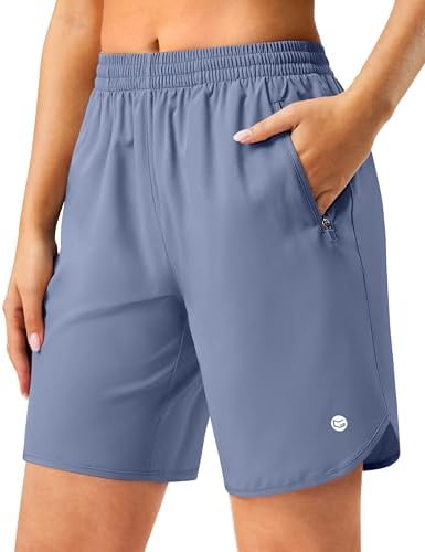 Women's 7" running shorts, two zip pockets, stone blue