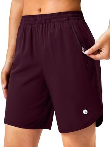Women's 7" running shorts, two zip pockets, wine