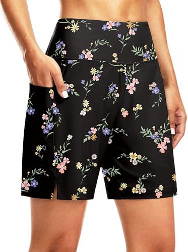 Women's 7" swim board shorts, black floral