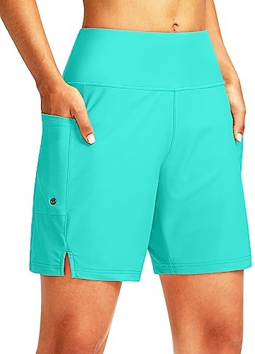 Women's 7" swim board shorts, cyan