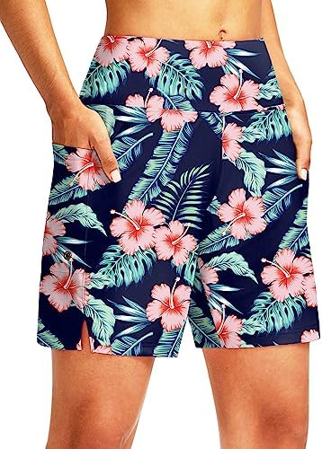 Women's 7" swim board shorts, navy flower