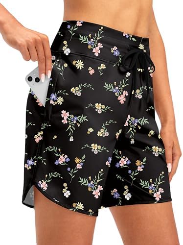 Women's 7" UPF 50+ swim shorts, black floral