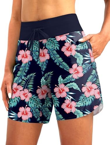 Women's 7" UPF 50+ swim shorts, navy flower
