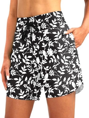 Women's 7" UPF 50+ swim shorts, white flower