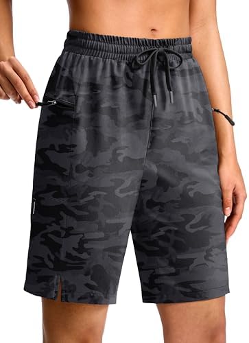 Women's 9" hiking shorts, two zip pockets, black camo