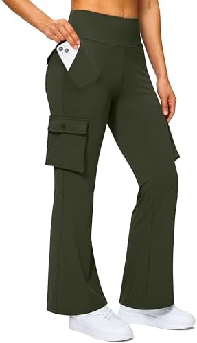 Women's cargo flare leggings, six pockets, army green