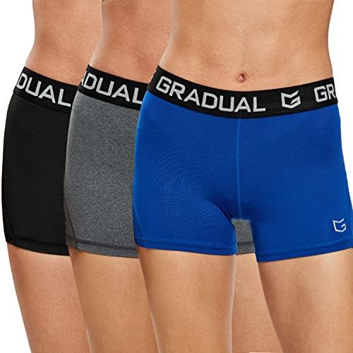 Women's compression volleyball shorts, 3-pack black / blue / gray