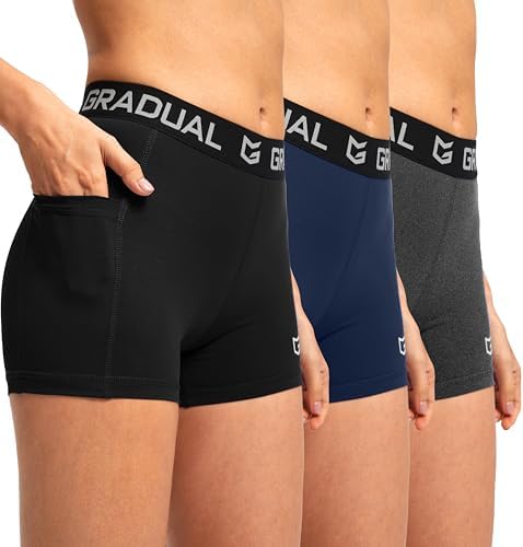 Women's compression volleyball shorts, 3-pack black / navy / charcoal pockets