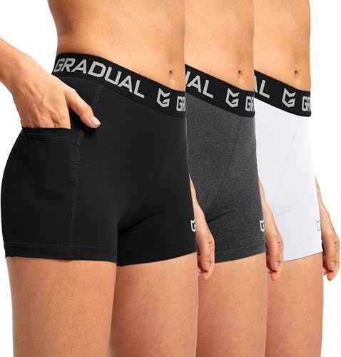 Women's compression volleyball shorts, 3-pack black / white / charcoal pockets