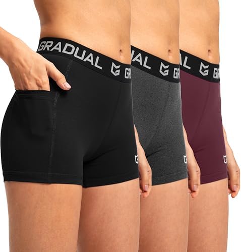 Women's compression volleyball shorts, 3-pack black / wine / charcoal pockets