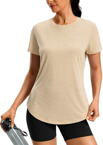 Women's dry fit workout tee, oatmeal khaki