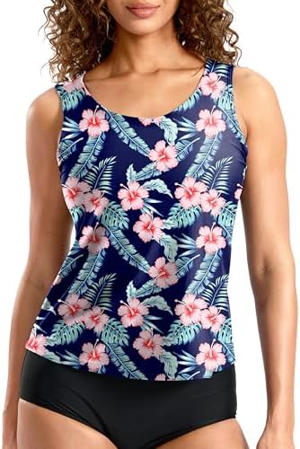 Women's high-neck tankini top, navy flower