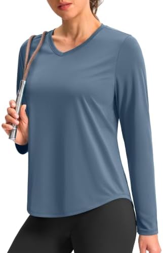 Women's long sleeve V-neck sun top, dusty blue