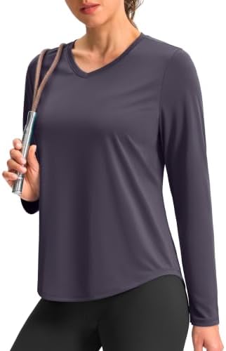 Women's long sleeve V-neck sun top, dusty grey purple