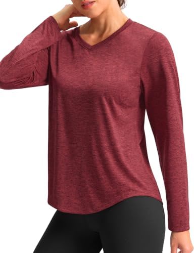 Women's long sleeve V-neck sun top, heather wine