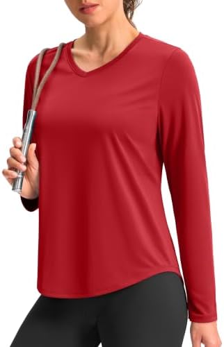 Women's long sleeve V-neck sun top, red