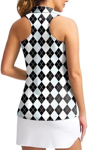 Women's sleeveless golf tank polo, black blue argyle