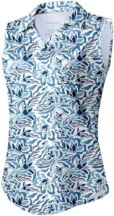 Women's sleeveless V-neck golf polo, blue leaves