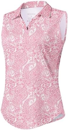 Women's sleeveless V-neck golf polo, pink paisley