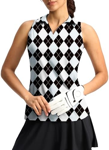 Women's sleeveless V-neck golf top, black blue argyle