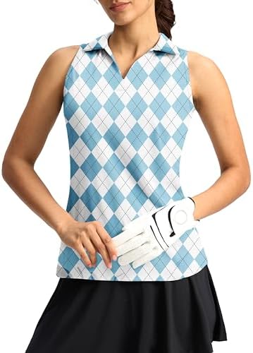 Women's sleeveless V-neck golf top, blue plaid