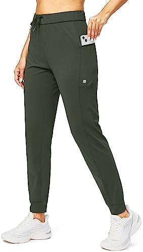 Women's tapered joggers, zip pockets, olive green