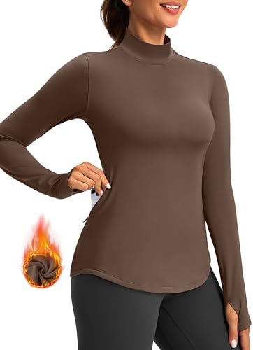 Women's thermal fleece top, zip pocket, brown