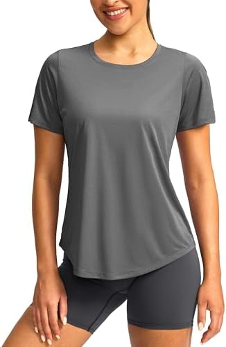 Women's UPF 50+ dry fit gym tee, heather dark grey