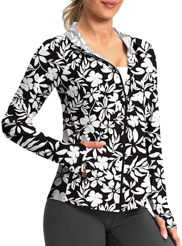 Women's UPF 50+ hooded sun jacket, white flower