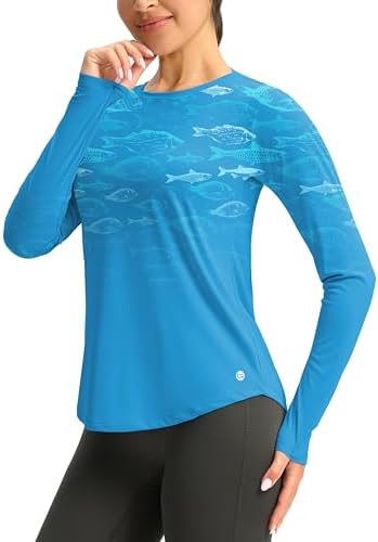 Women's UPF 50+ long sleeve rash guard, blue fish