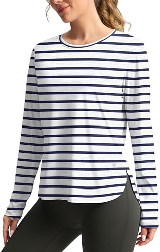 Women's UPF 50+ long sleeve sun shirt, white / deep sea stripe