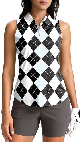Women's zip-up golf tank polo, grey argyle