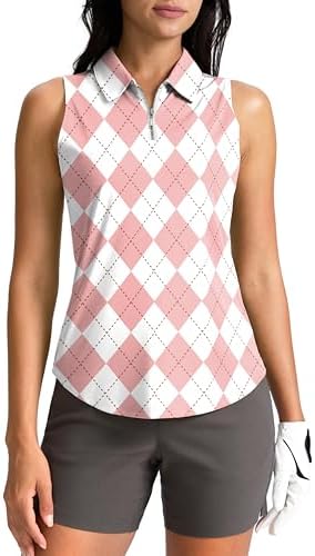 Women's zip-up golf tank polo, pink argyle
