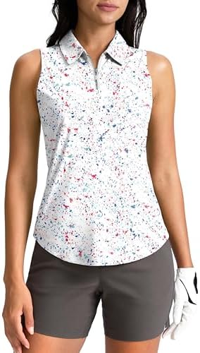 Women's zip-up golf tank polo, white splatter